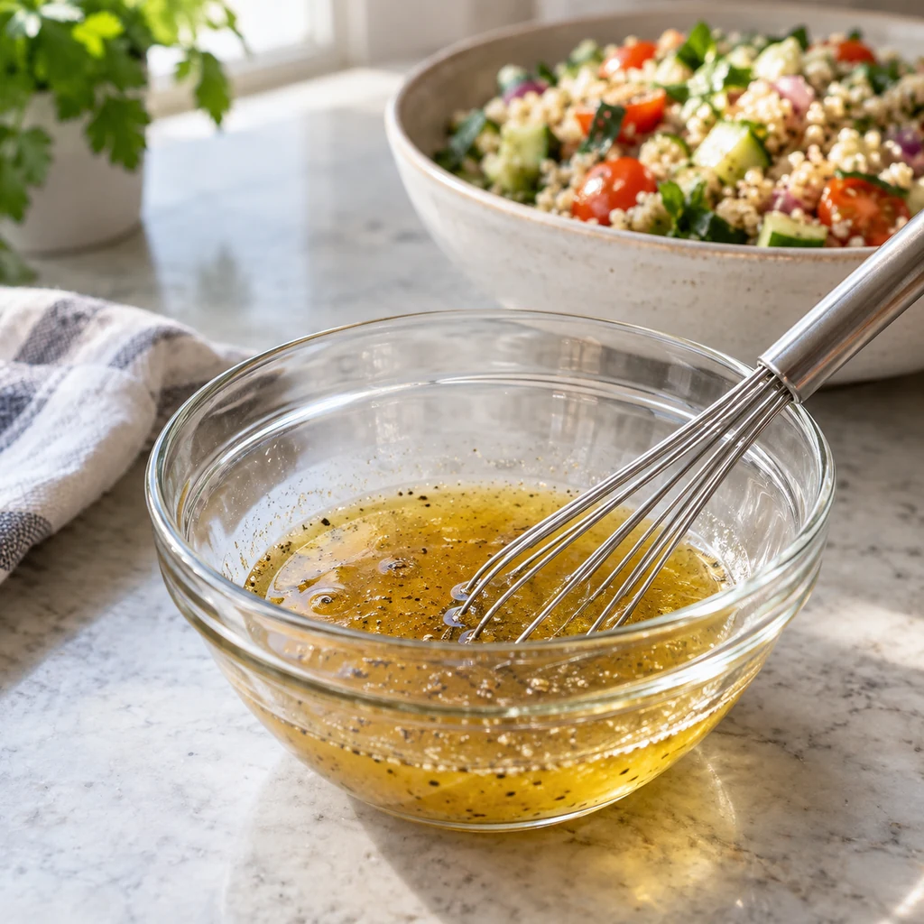 Olive oil, lemon juice, red wine vinegar, salt, and pepper whisked in a glass bowl