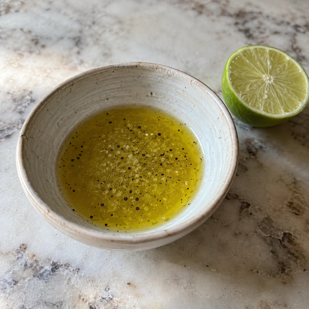 Olive oil and lime dressing with salt and black pepper in a small bowl