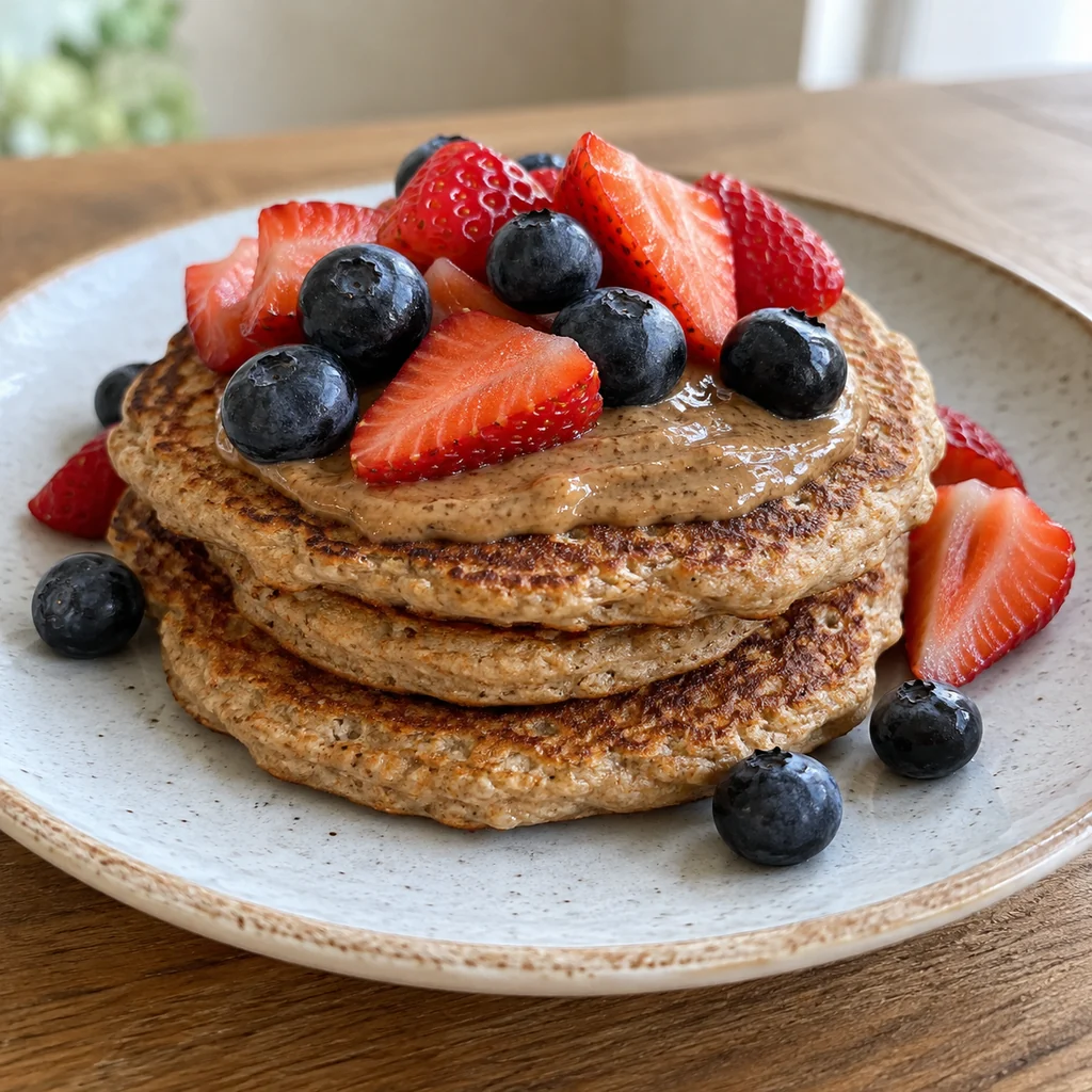 Whole-grain pancakes with almond butter and fresh berries