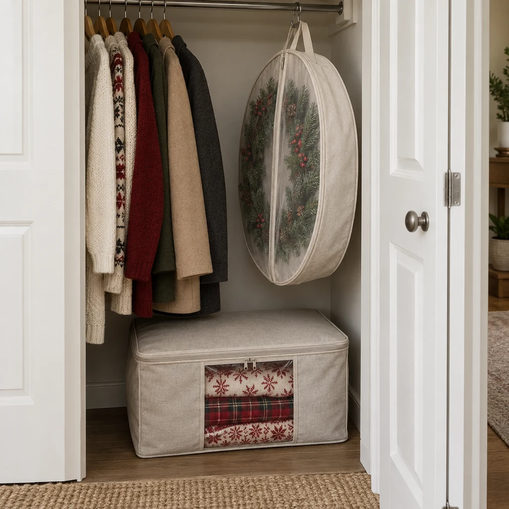 Wreath stored vertically and holiday textiles packed in a zippered bag