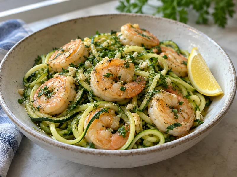 Finished zucchini noodles with cooked garlic shrimp, parsley, and lemon