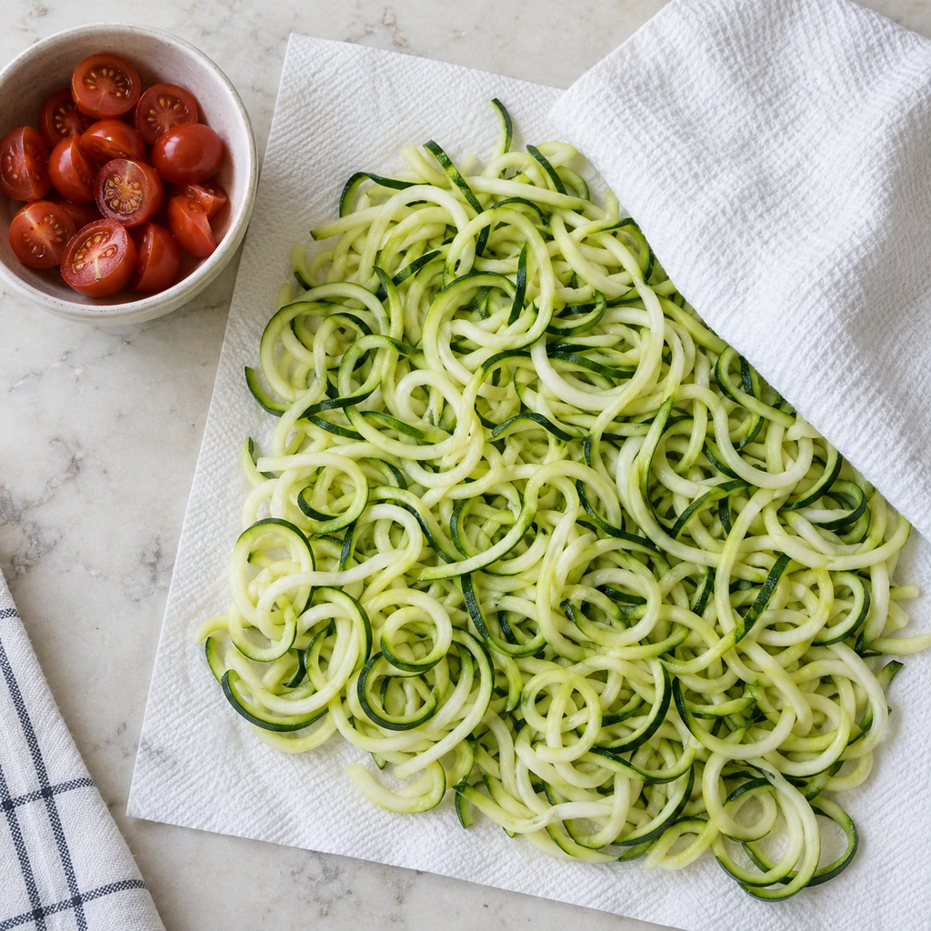 Raw zucchini noodles spread on paper towels beside a small bowl of halved cherry tomatoes