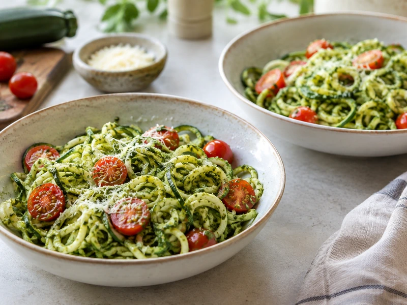 Two bowls of zucchini noodles with basil pesto, cherry tomatoes, and Parmesan