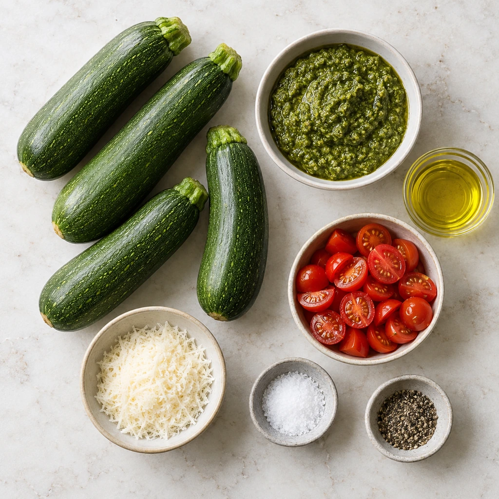 Whole zucchini, basil pesto, olive oil, cherry tomatoes, Parmesan, salt, and pepper arranged separately