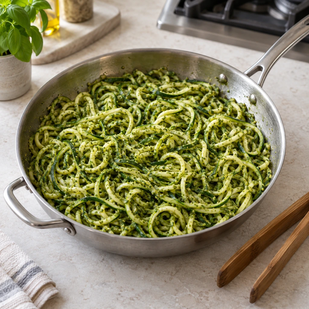 Warm zucchini noodles lightly coated with basil pesto in a skillet off the heat