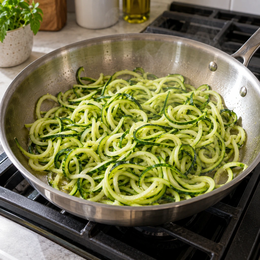 Bright green zucchini noodles warming briefly in a wide skillet with a light coating of olive oil