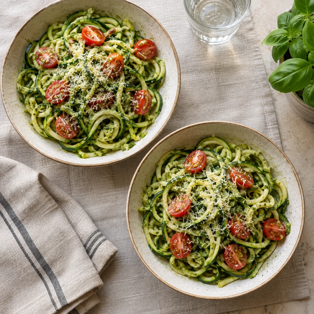 Two bowls of pesto-coated zucchini noodles topped with halved cherry tomatoes and finely grated Parmesan