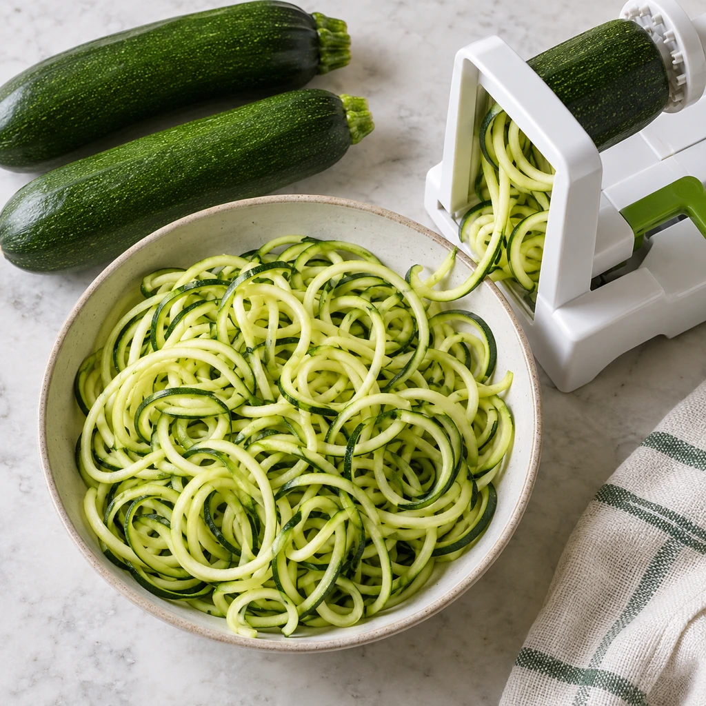 Fresh zucchini cut into long green spiralized noodles beside a clean spiralizer