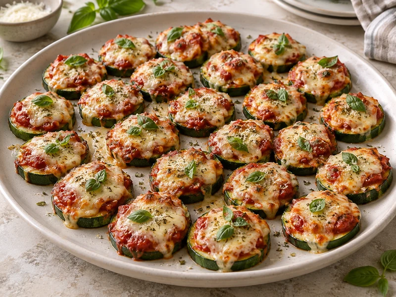 Finished zucchini pizza bites with marinara, melted cheese and basil