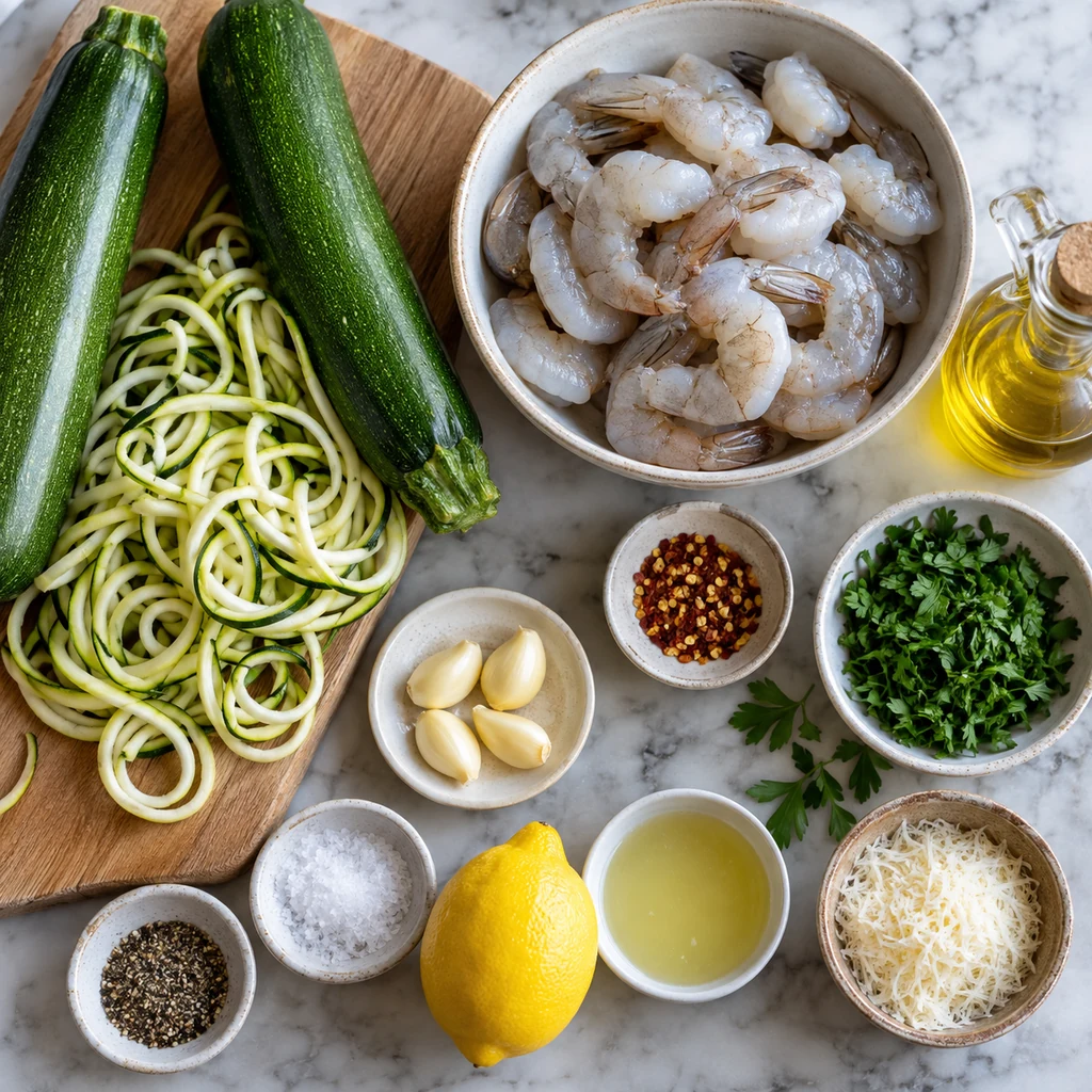 Zucchini, raw shrimp, olive oil, garlic, red pepper flakes, parsley, lemon, seasoning, and optional Parmesan