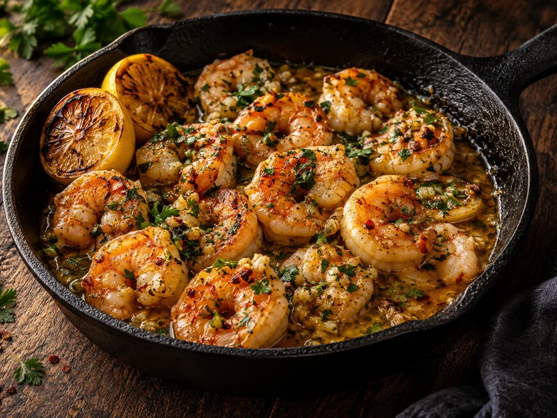 Fifteen-minute garlic butter shrimp with parsley and charred lemon in a black cast-iron skillet