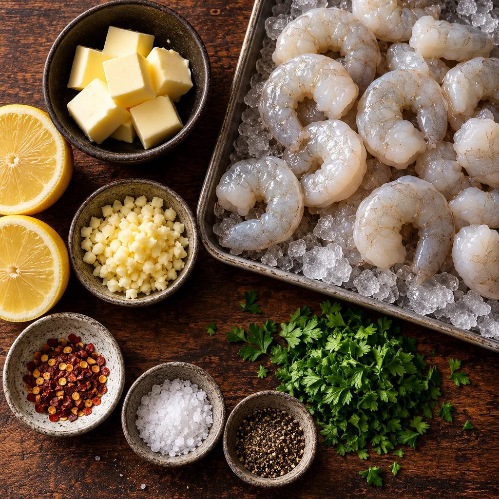Raw shrimp on ice with butter, garlic, lemon, parsley, red pepper flakes, salt and pepper