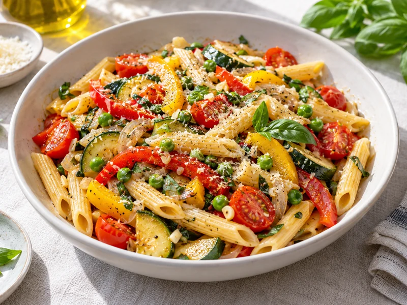 Colorful penne with peppers, zucchini, tomatoes, peas, basil and Parmesan