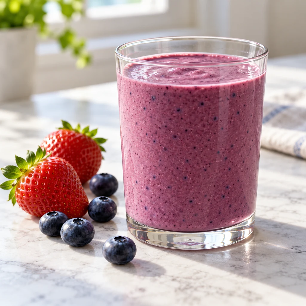 Finished purple berry smoothie in a clear glass with strawberries and blueberries nearby