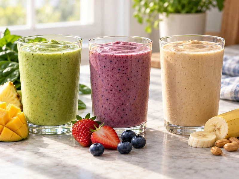 Three finished smoothies in green purple and light tan on a breakfast table
