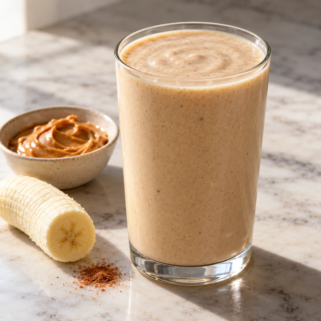 Finished light tan peanut butter banana smoothie in a clear glass beside banana and peanut butter