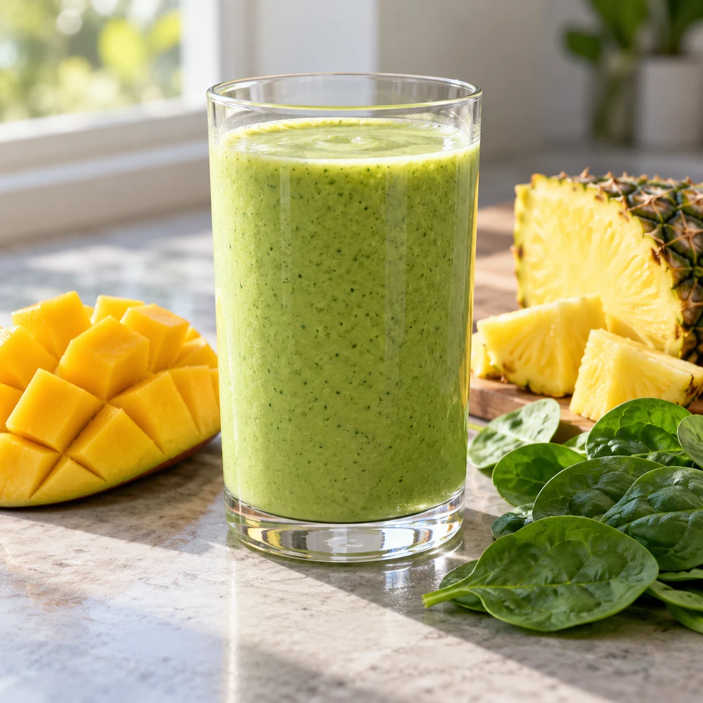 Finished pale green tropical smoothie in a clear glass beside mango, pineapple and spinach