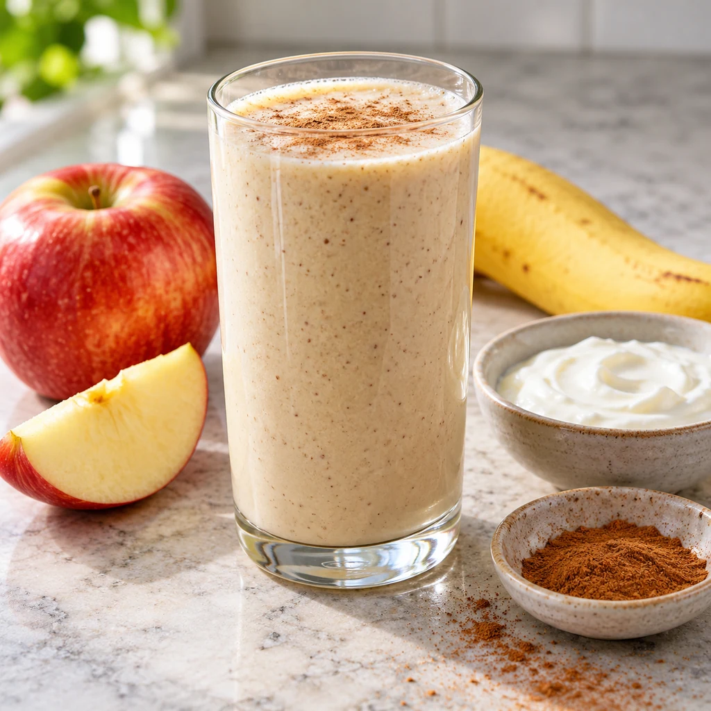 One cream colored apple cinnamon smoothie with apple and cinnamon