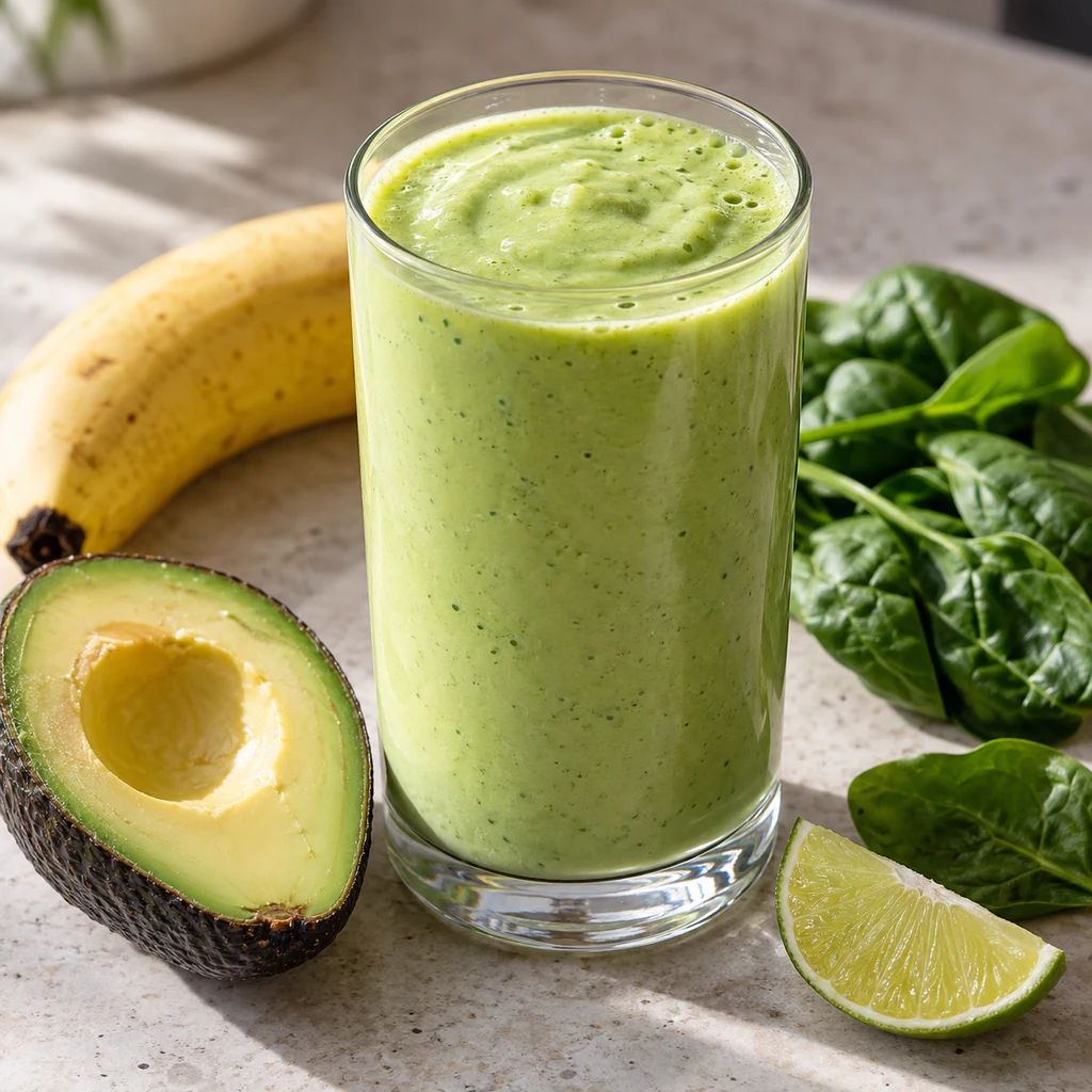 One pale avocado green smoothie with avocado, spinach and lime