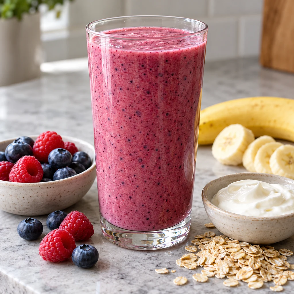 One glass of pink berry banana smoothie with berries and rolled oats