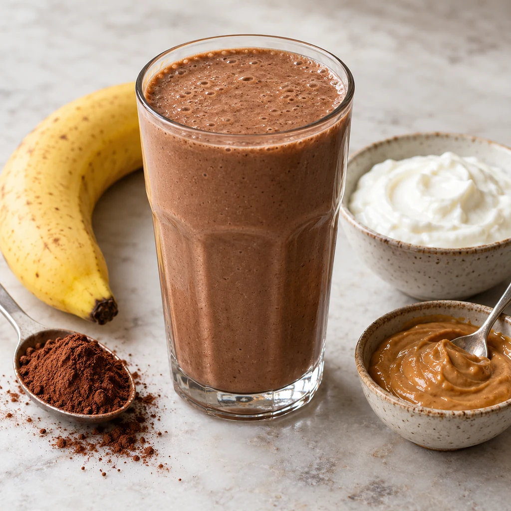 One chocolate brown cocoa banana smoothie with cocoa and banana