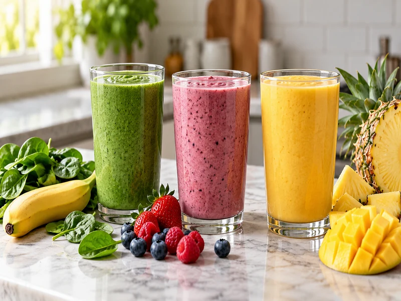 Three five-ingredient smoothies in green, pink and golden yellow