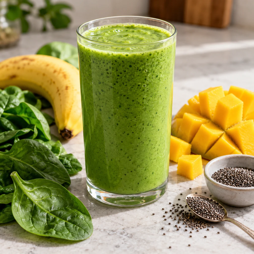 One clear glass of spinach-green smoothie with banana, mango and chia seeds