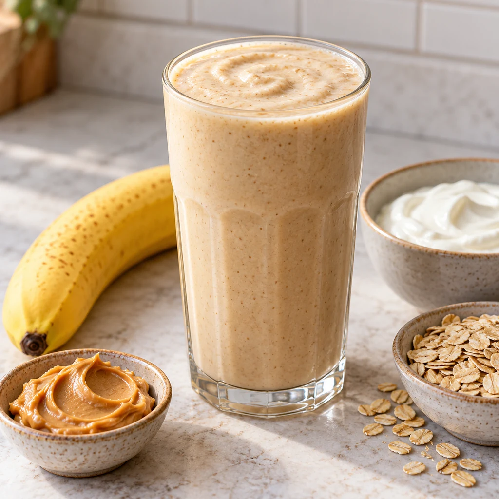 One tan peanut butter banana smoothie with oats and peanut butter