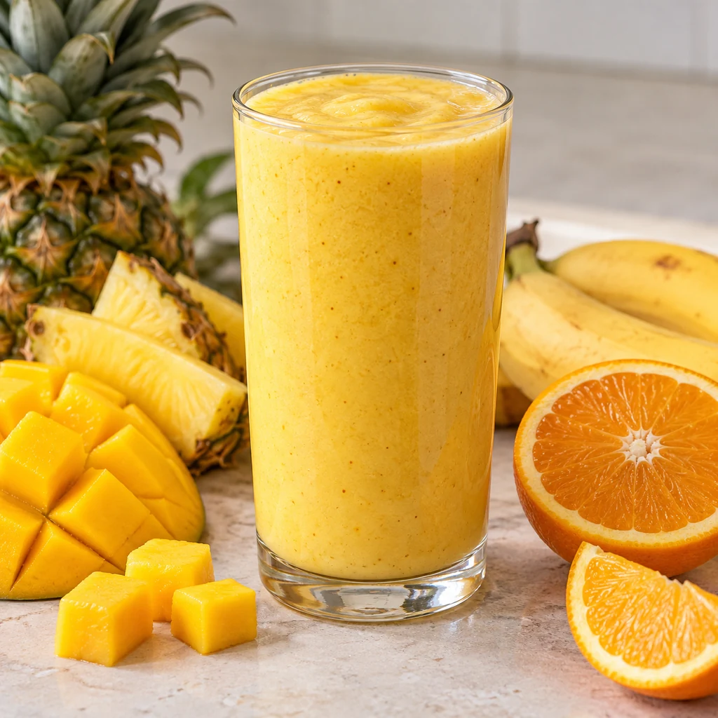 One golden mango pineapple smoothie with mango, pineapple and orange