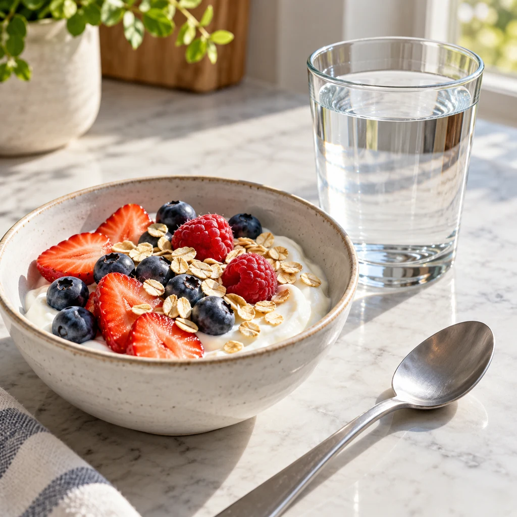 Glass of water beside a simple yogurt, fruit and oats breakfast