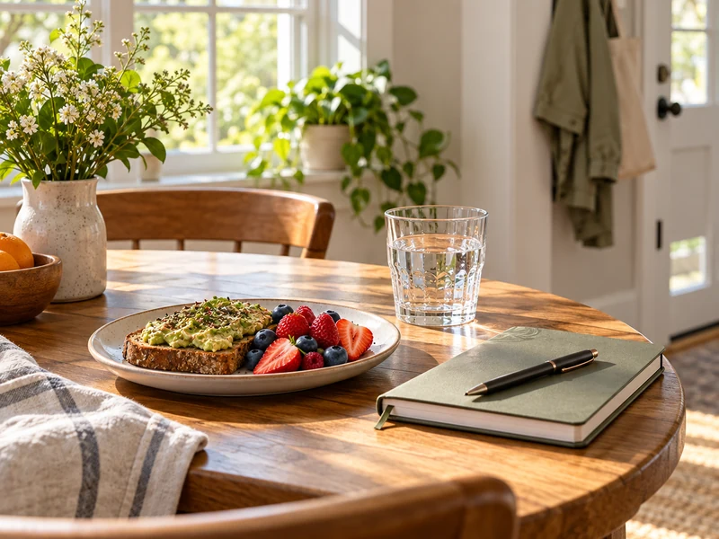 Morning breakfast, water and notebook on a sunlit table with a jacket nearby