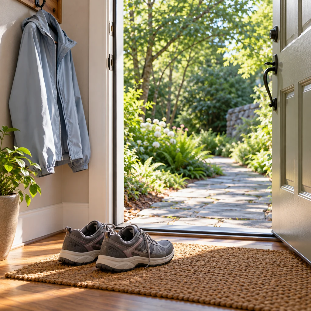 Walking shoes and light jacket ready by an open doorway