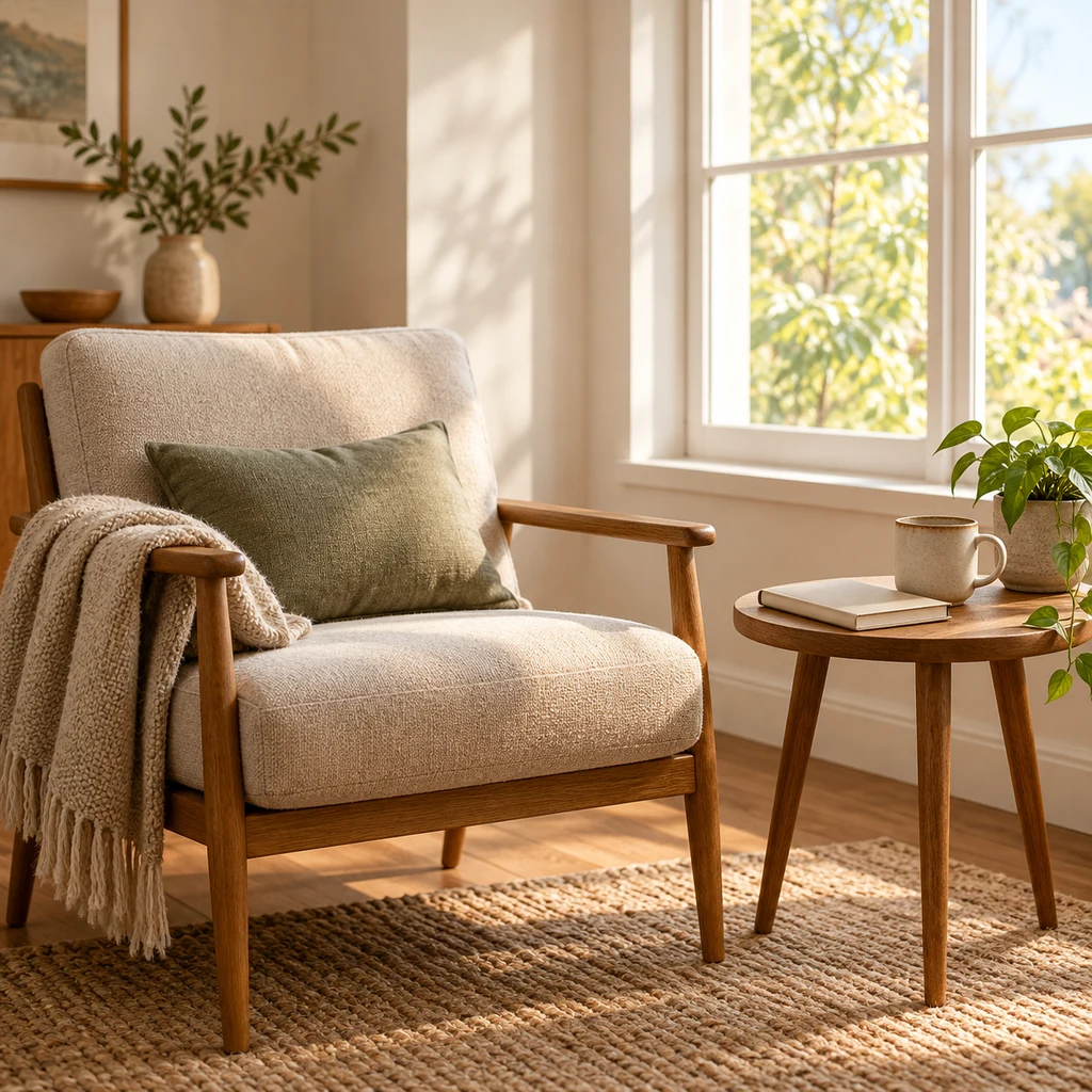 Quiet chair and closed notebook beside a sunlit window