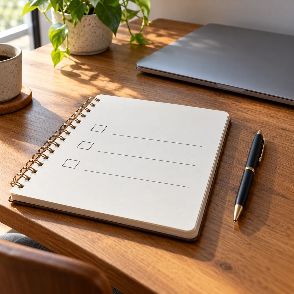 Notebook with a short untitled checklist and a pen on a tidy desk