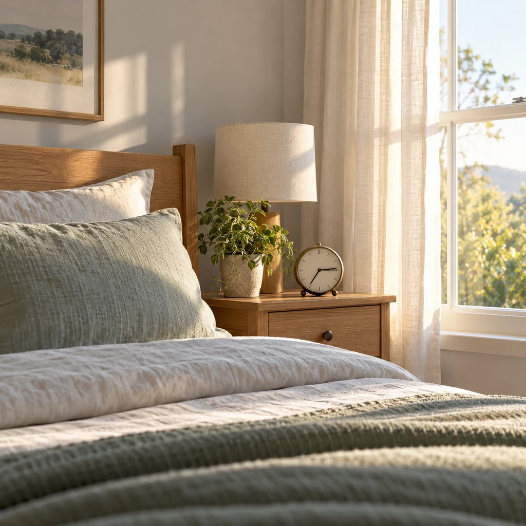 Simple bedside clock and open curtains in a calm morning bedroom