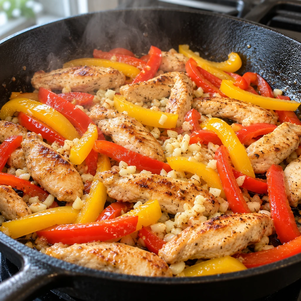 Red and yellow bell peppers and minced garlic cooking with golden chicken strips