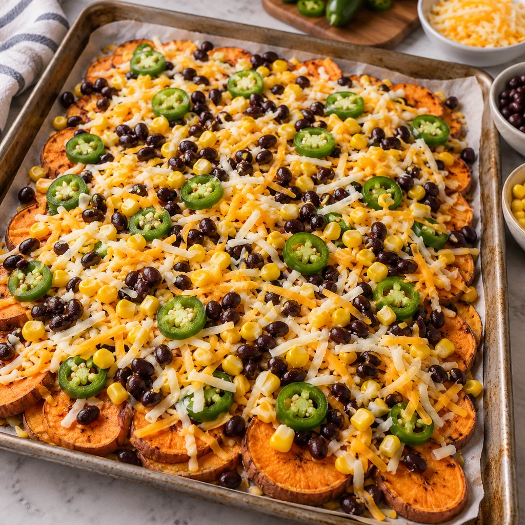 Roasted sweet potato rounds topped with cheddar, Monterey Jack, black beans, corn and jalapeno