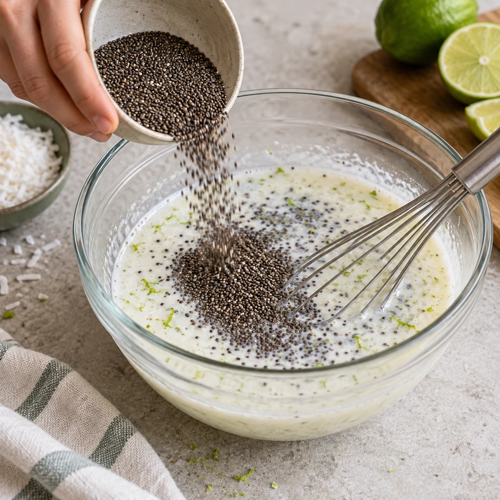 Black chia seeds being poured into coconut lime mixture beside a whisk