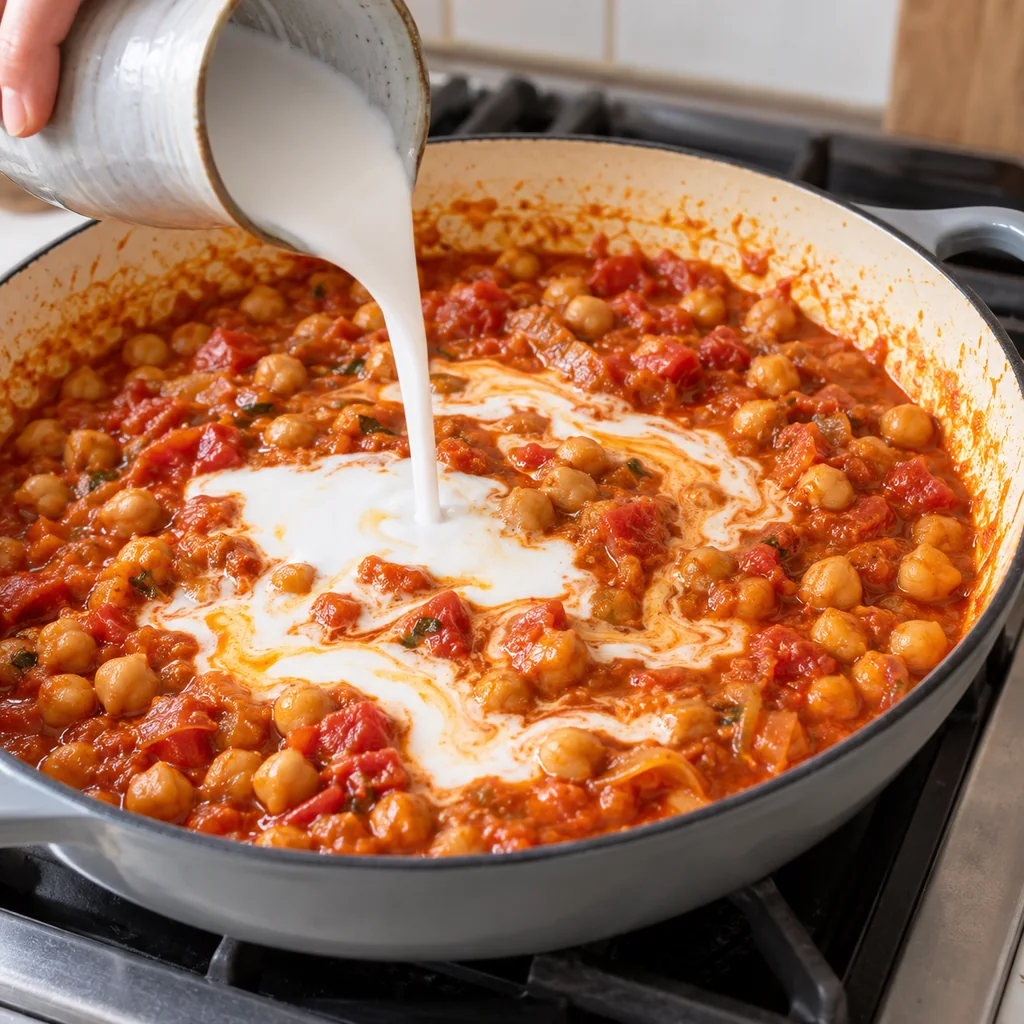 Coconut milk being poured into tomato chickpea curry