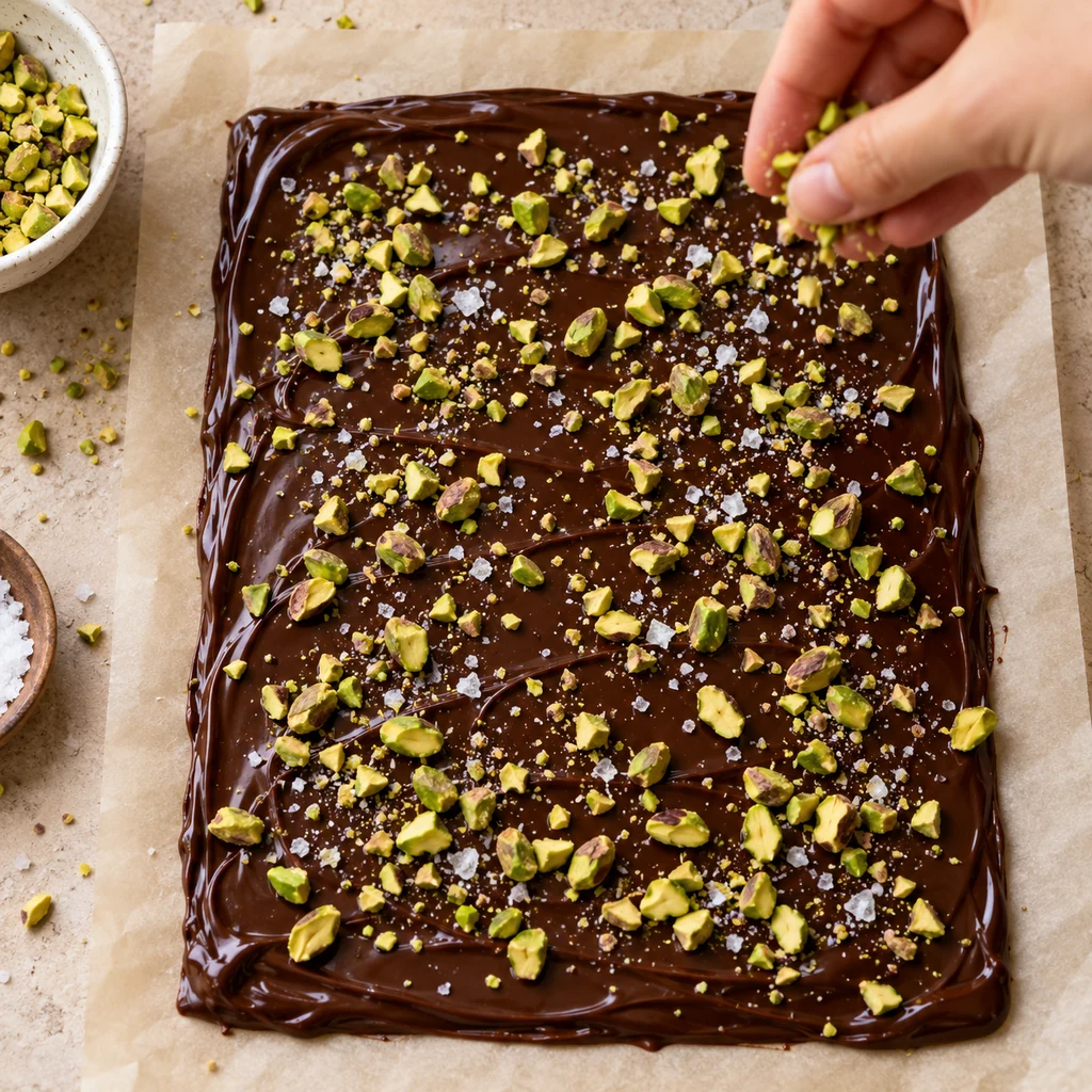 Chopped pistachios and flaky salt being scattered over melted dark chocolate