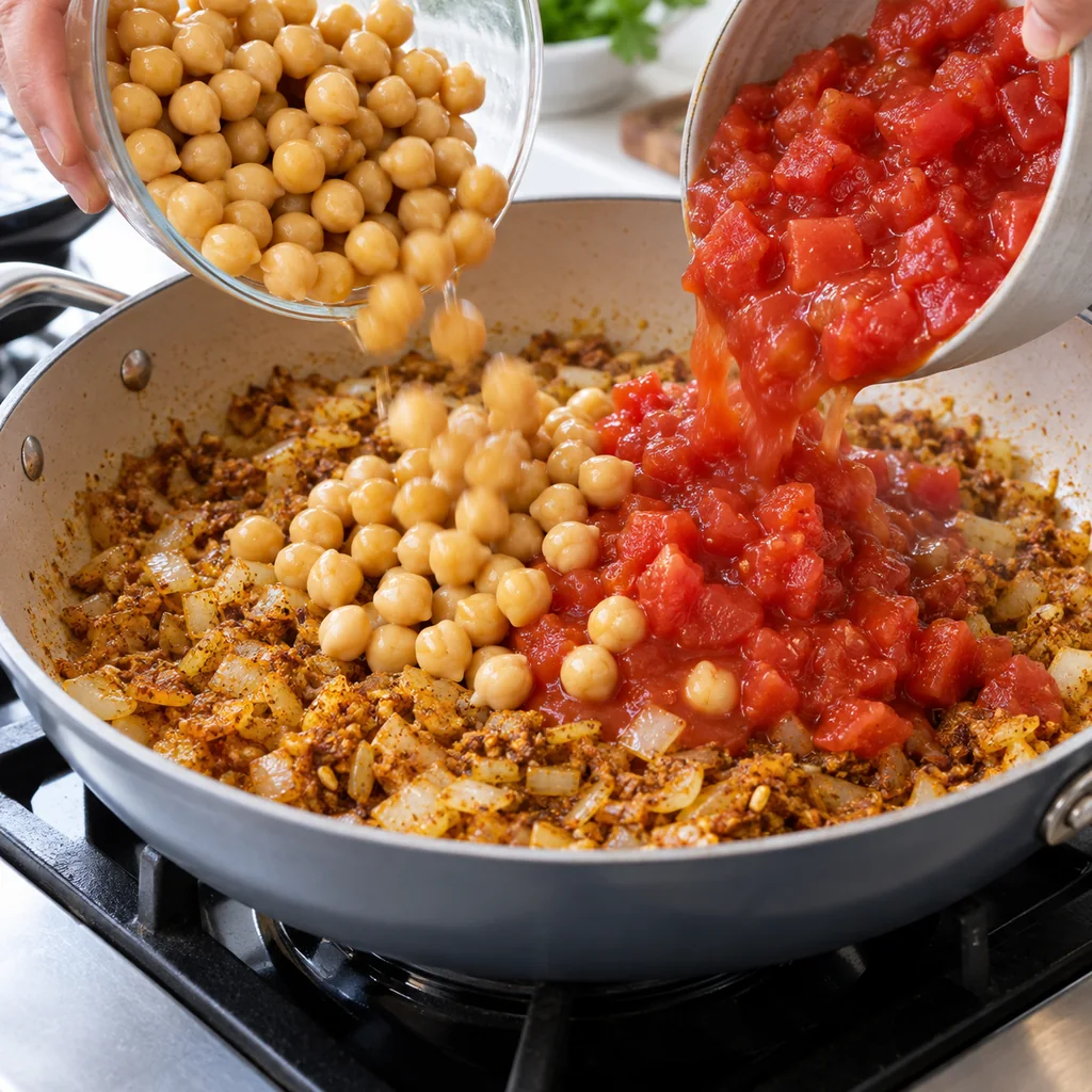 Diced tomatoes and drained chickpeas being added to toasted spices