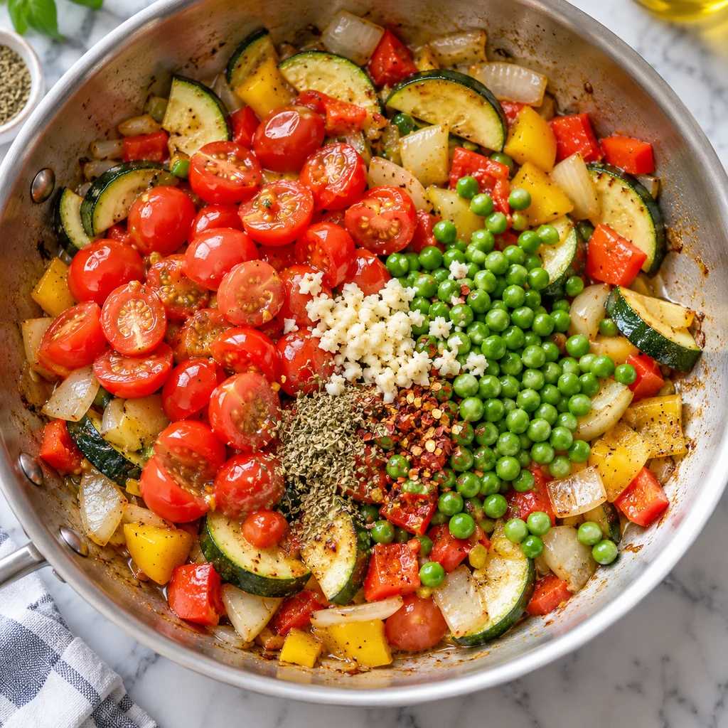 Cherry tomatoes, peas, garlic, oregano and chile added to sautéed peppers and zucchini