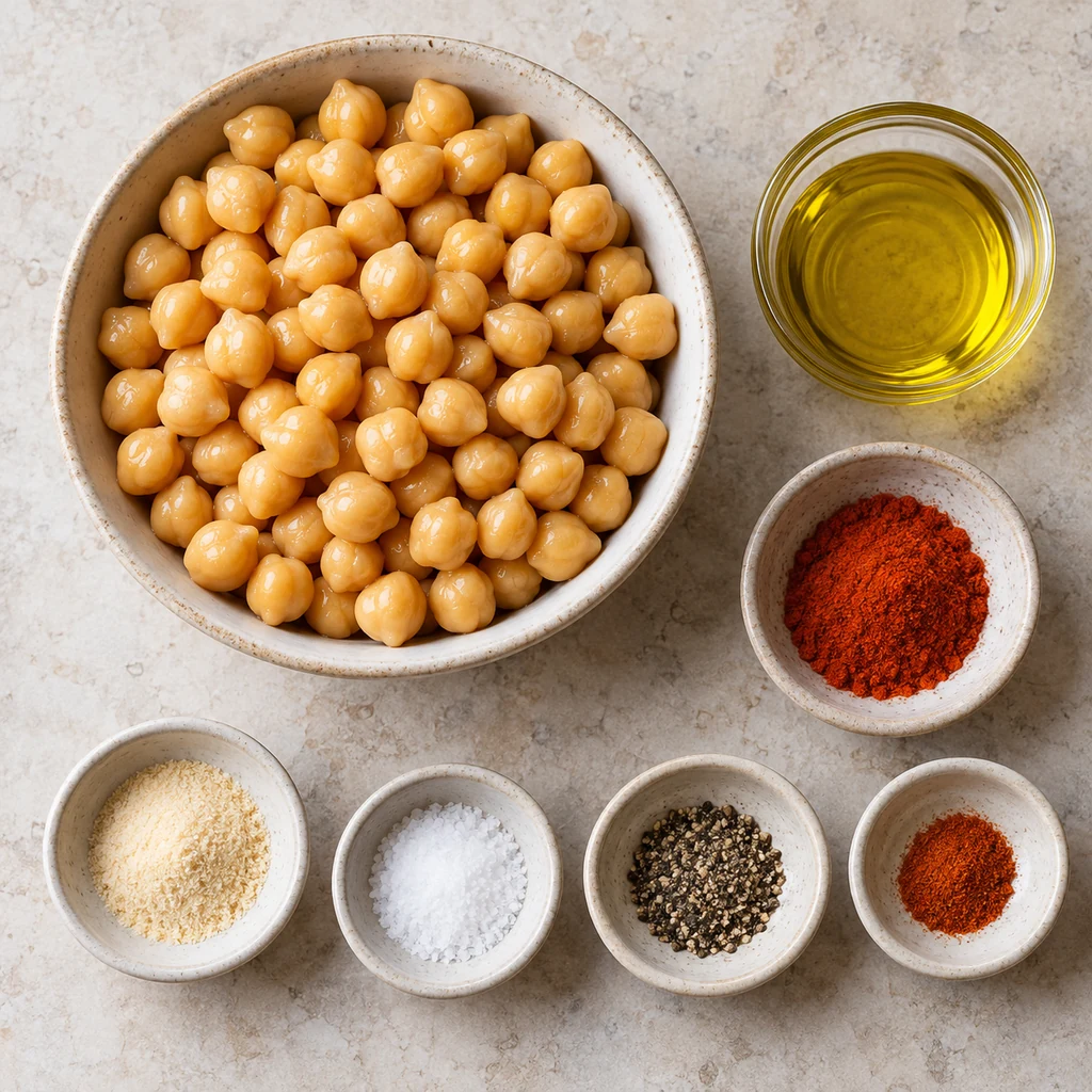 Chickpeas, olive oil, smoked paprika, garlic powder, salt, black pepper and cayenne