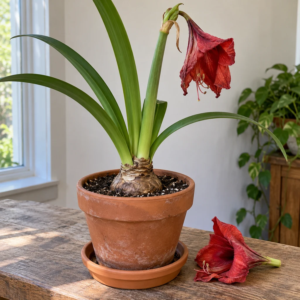 Potted amaryllis with fading red blooms, intact green strap leaves and a cleanly removed spent flower