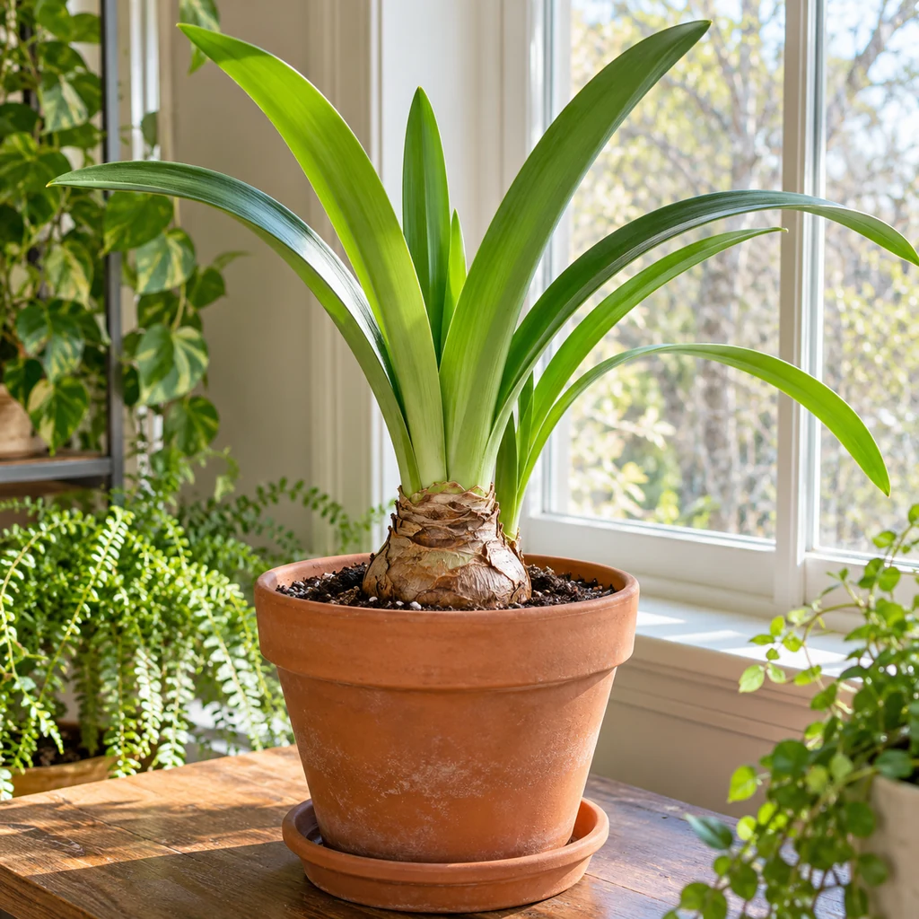 Healthy green amaryllis leaves in a drained terracotta pot beside a bright indoor window