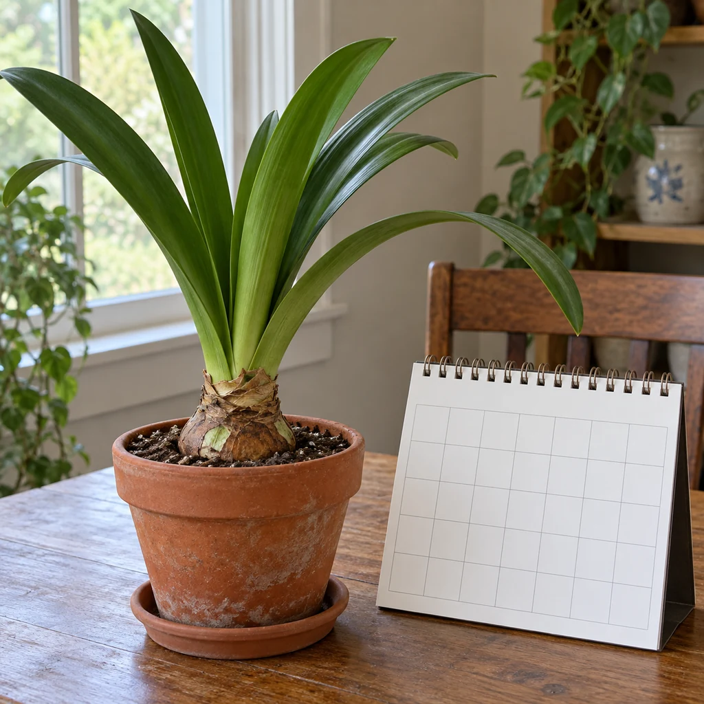 One healthy leafy amaryllis bulb in a terracotta pot beside a blank calendar for planning a rest period