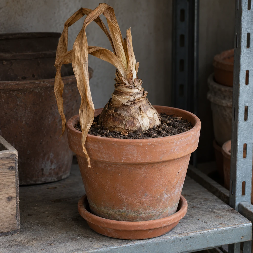 Dormant potted amaryllis bulb with naturally dried leaves in a cool dark storage area