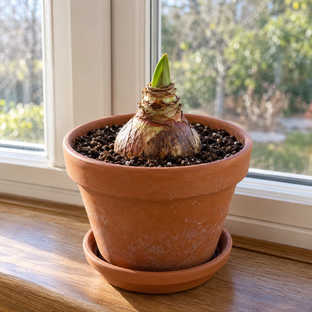 Dormant amaryllis bulb in a drainage pot showing one small new green shoot near a bright window
