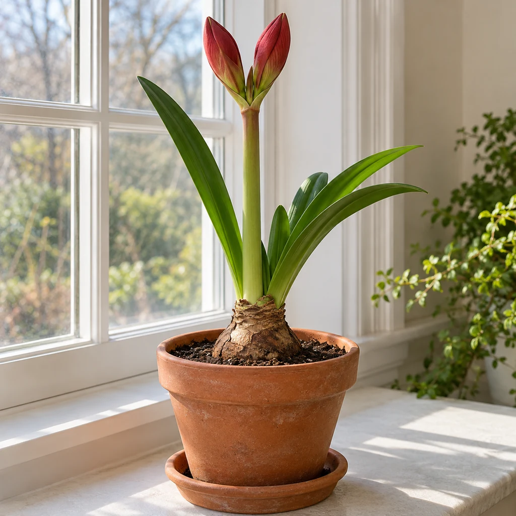 Healthy potted amaryllis with a straight flower stalk and red buds beside a bright window