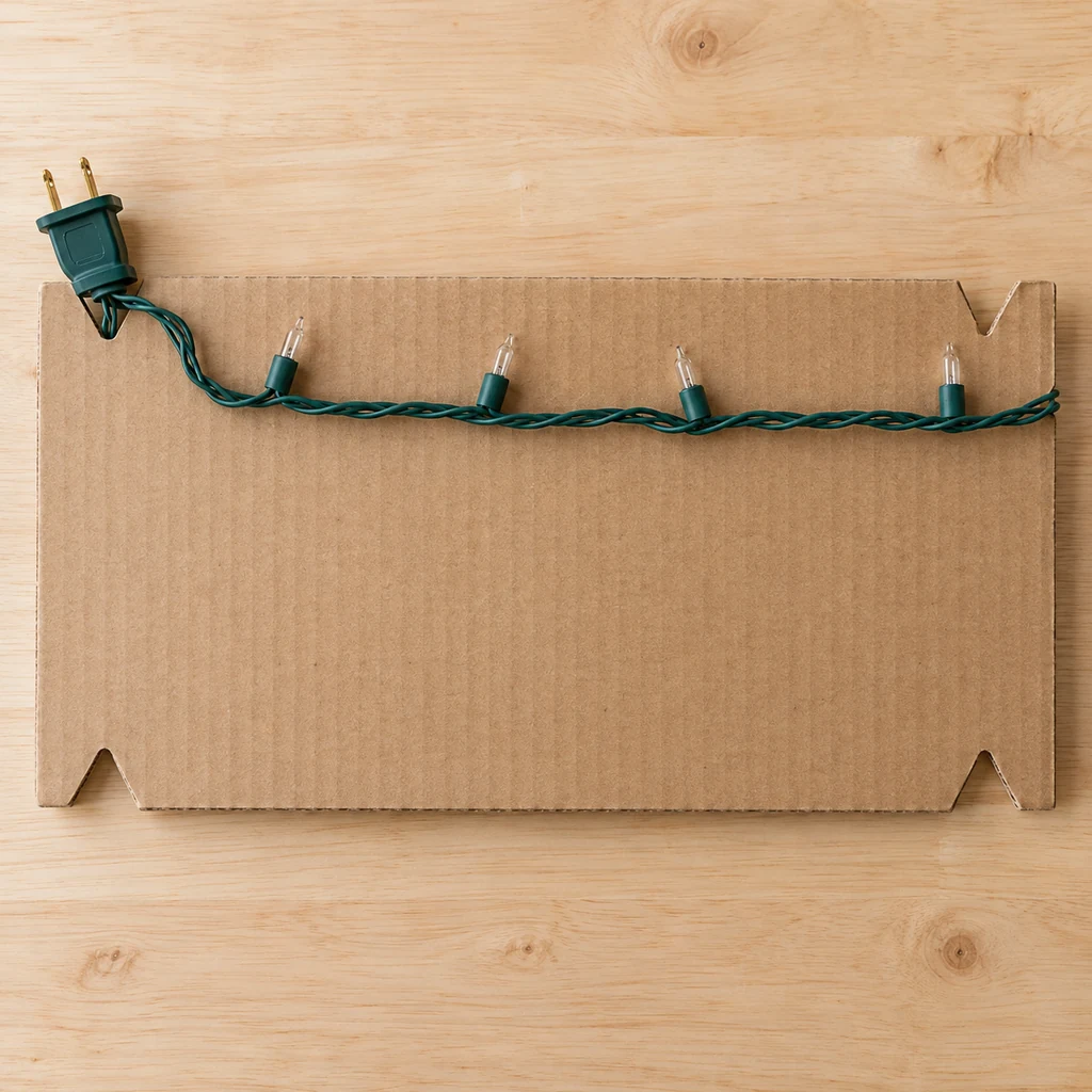 Unplugged Christmas light plug anchored at the first notch of a cardboard wrap